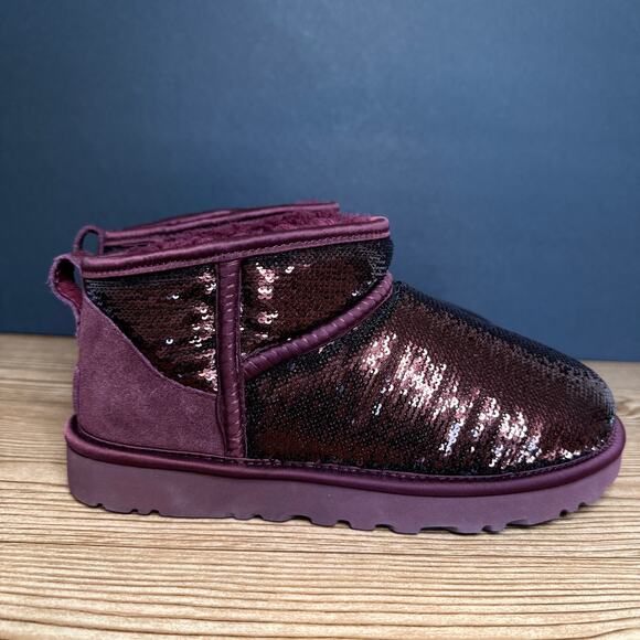 UGG Classic Ultra Mini Mirror Ball Booties Sz 7 Sequin Burgundy Cherry Maroon - Picture 5 of 10
